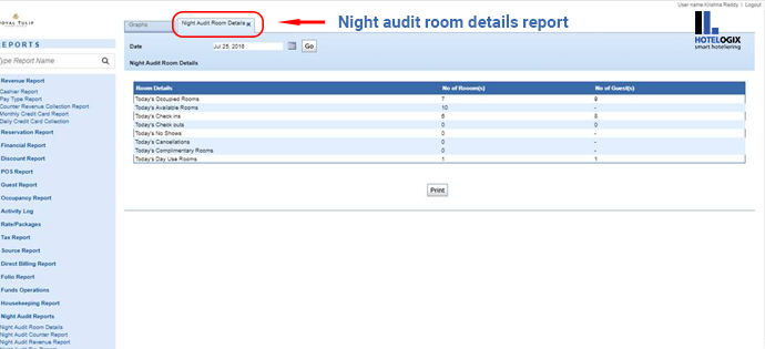 Night audit room details report